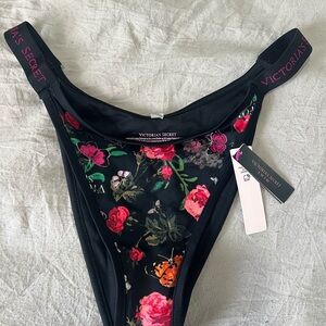 Victoria's Secret Black Floral High-Cut Swim Bottom with Pink Roses